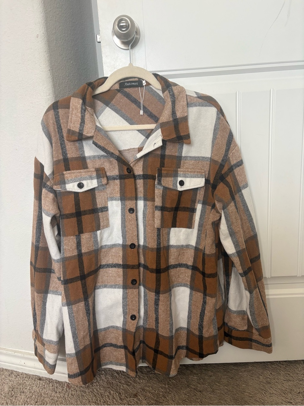 Plaid Button-Up Shacket in Cream and Brown